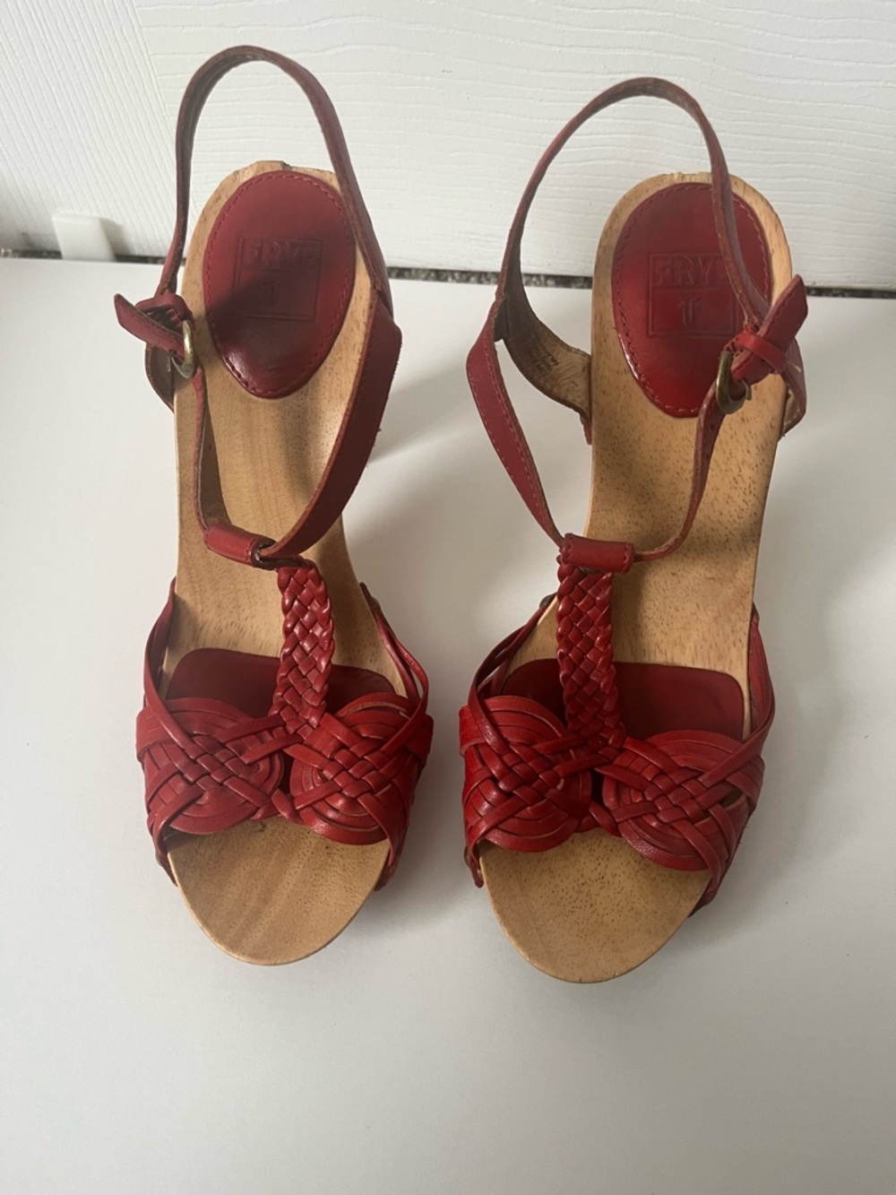 Frye Red Braided Leather Wedge Sandals